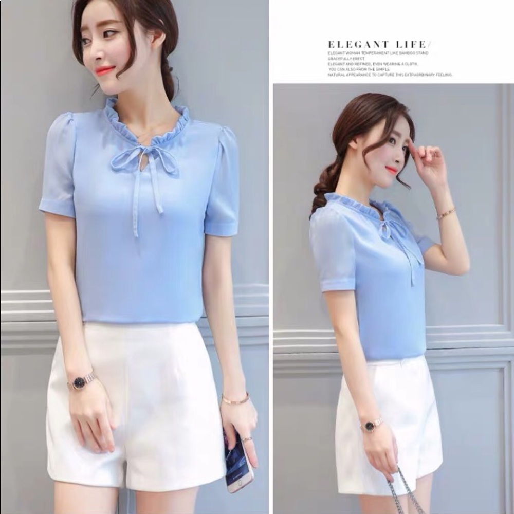 🛍NEW Women’s Blue Short Sleeve Chiffon Blouse - Picture 3 of 6